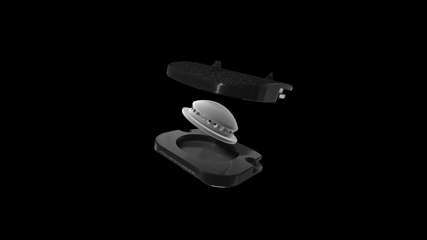Vue éclatée d’un petit appareil électronique compact en noir et blanc, montrant trois composants séparés sur fond noir.
