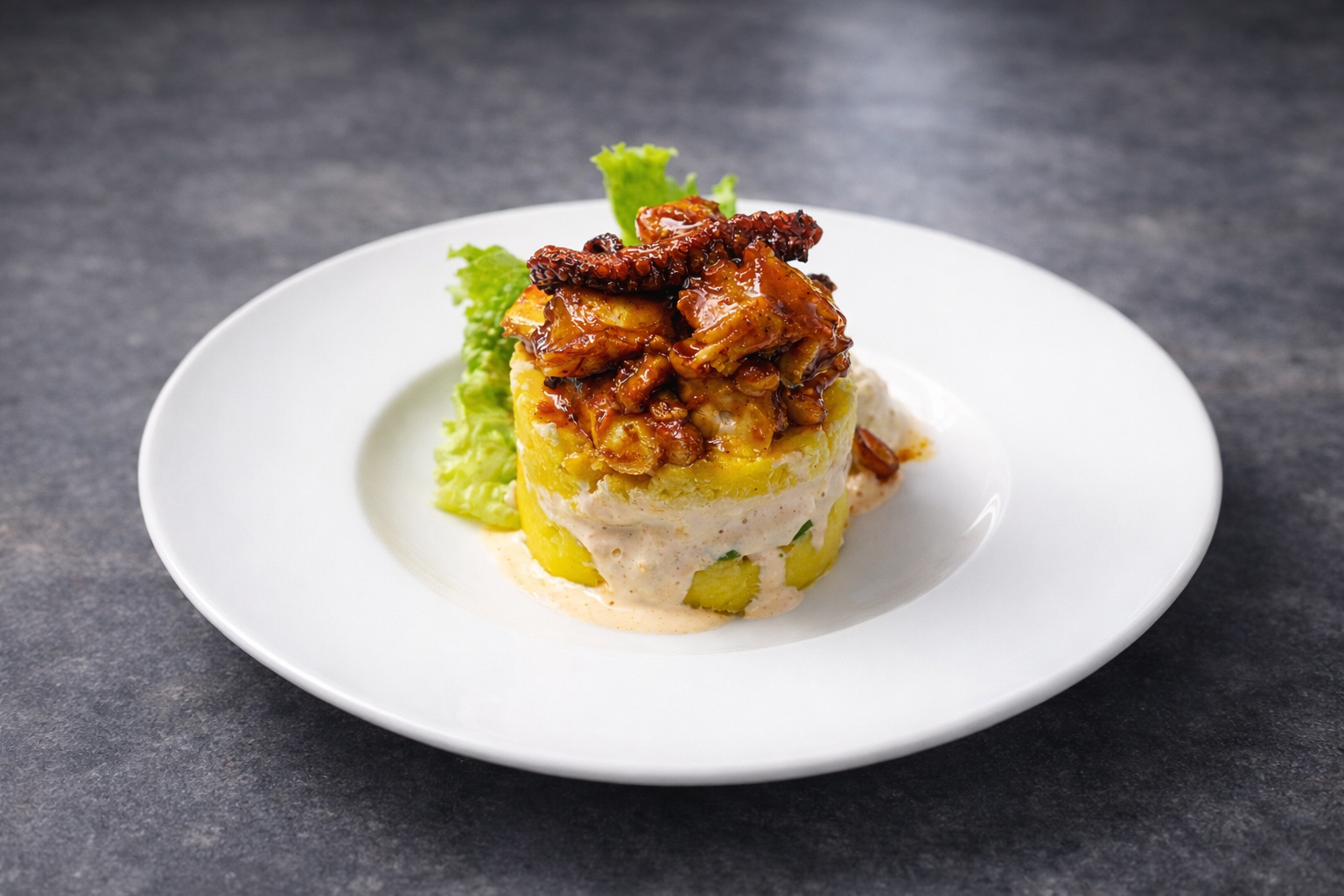 Plat gastronomique élégamment dressé sur assiette blanche : tartare de poulpe grillé sur lit de pommes de terre et crème, garni de salade verte.