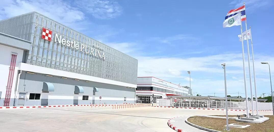 Usine Nestlé Purina avec façade moderne, drapeaux thaïlandais et ciel bleu dégagé