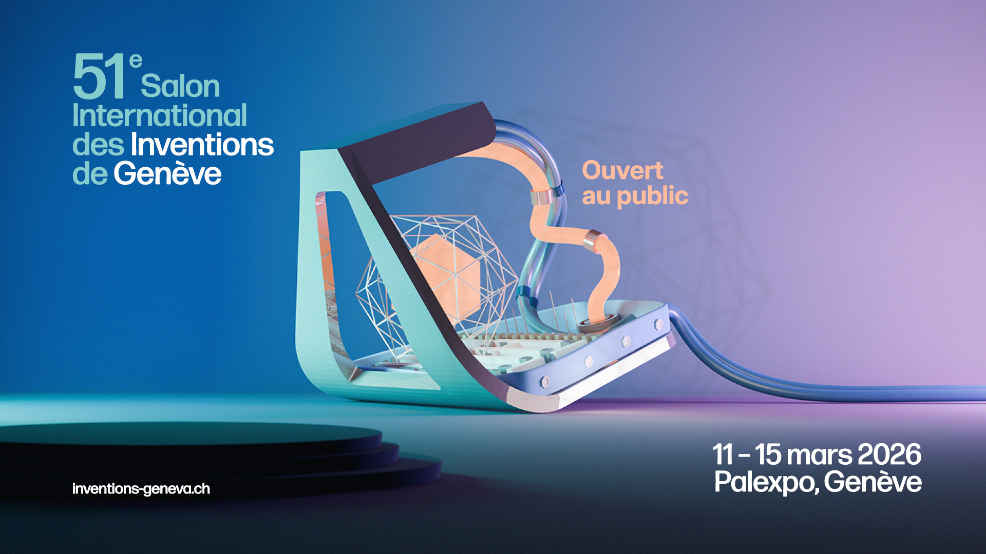 Affiche du 51e Salon International des Inventions de Genève, du 11 au 15 mars 2026 à Palexpo, Genève, avec un design futuriste et l’inscription ’Ouvert au public’.