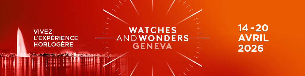 Bannière rouge Watches and Wonders Geneva 2026, du 14 au 20 avril, avec la silhouette du jet d’eau de Genève