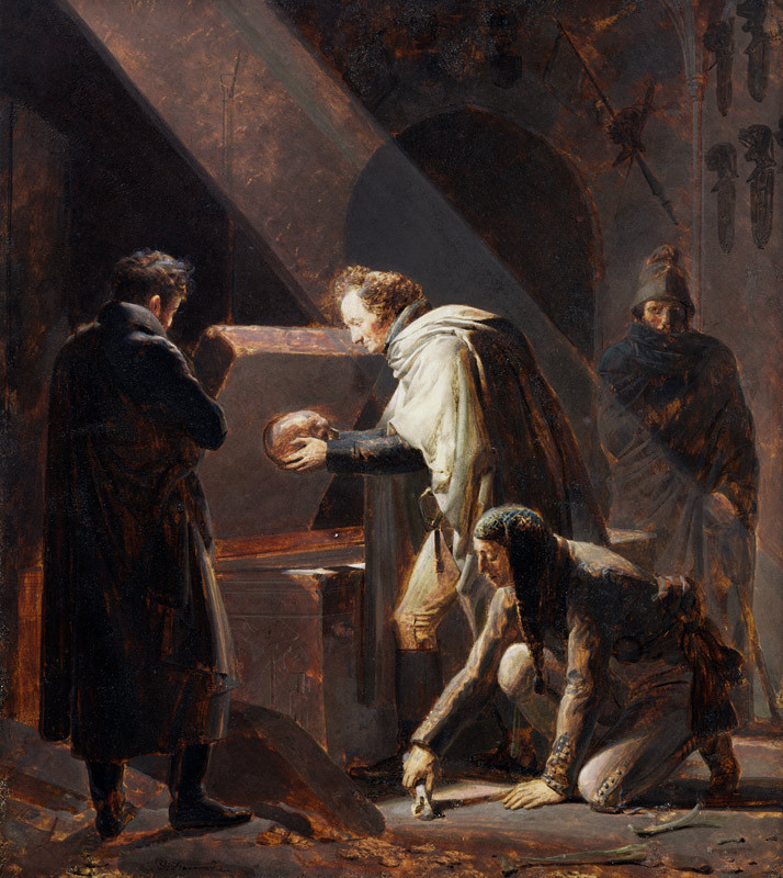 Peinture classique sombre représentant trois hommes en costumes historiques dans un intérieur voûté, l’un tenant un crâne, éclairé par un rayon de lumière.