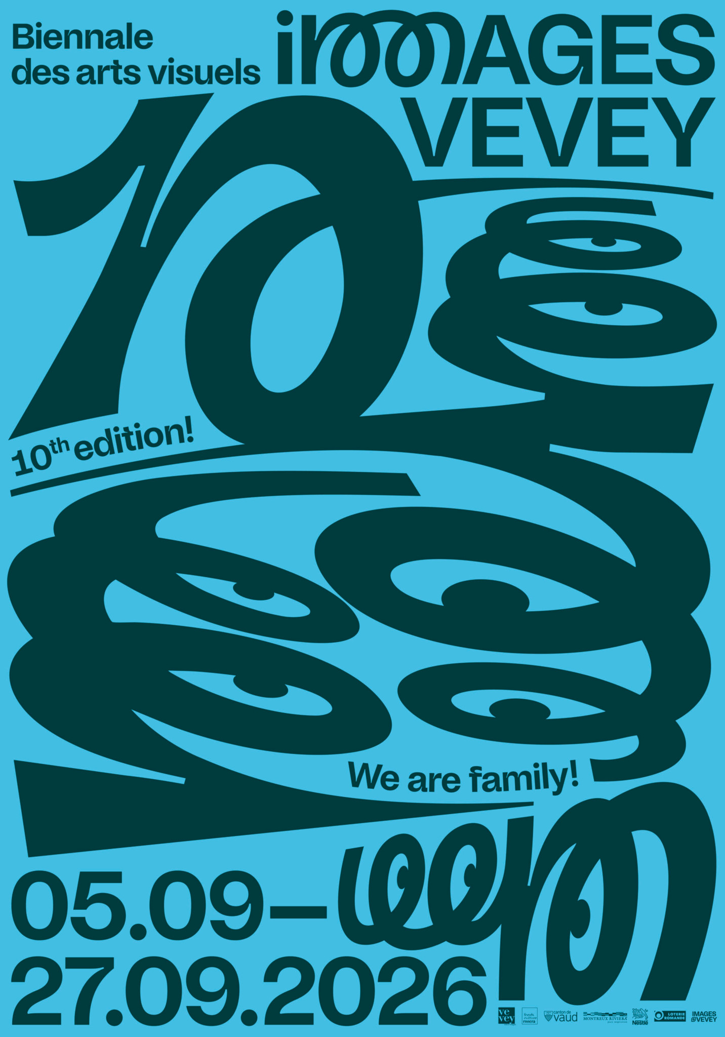 Affiche de la 10e édition de la Biennale des arts visuels Images Vevey, du 5 au 27 septembre 2026, thème «We are family!»