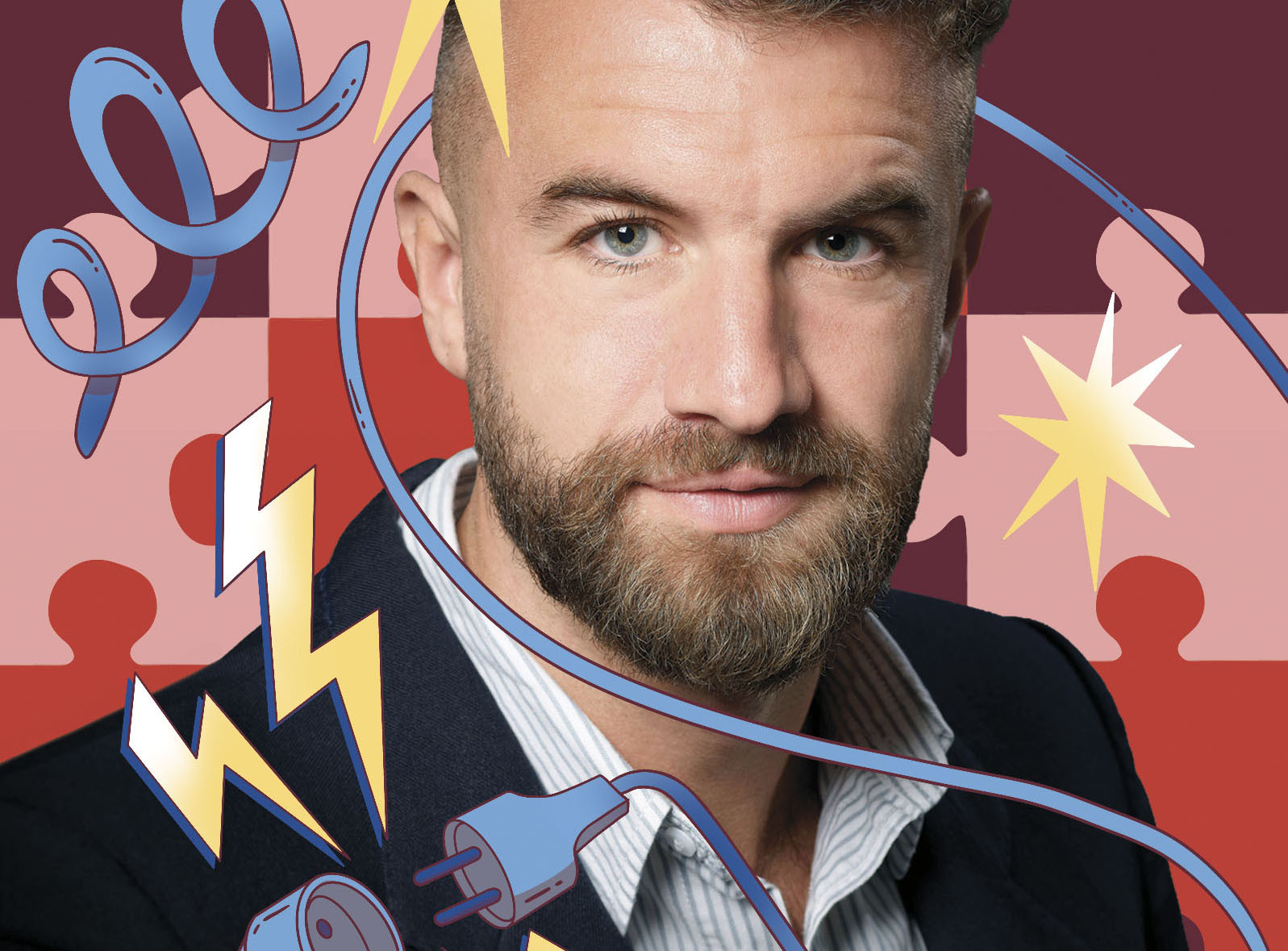 Homme barbu en veste sombre sur fond coloré avec illustrations d’éclairs, prises électriques et étoiles stylisées