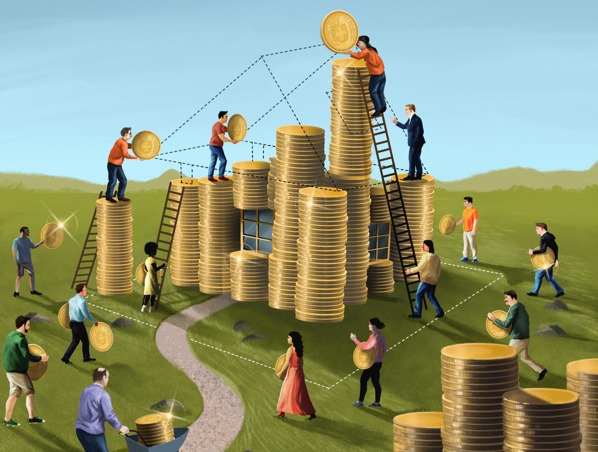 Illustration de personnes construisant des tours de pièces d’or reliées par des lignes pointillées, symbolisant la finance collaborative et l’investissement collectif.