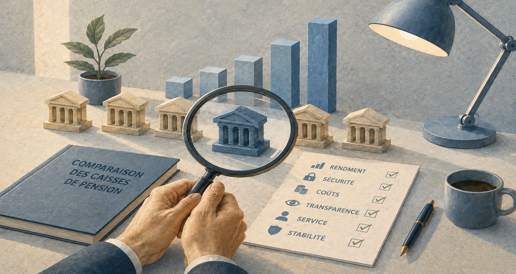Mains tenant une loupe sur une maquette de banque, avec un document ’Comparaison des caisses de pension’ listant rendement, sécurité, coûts, transparence, service et stabilité.