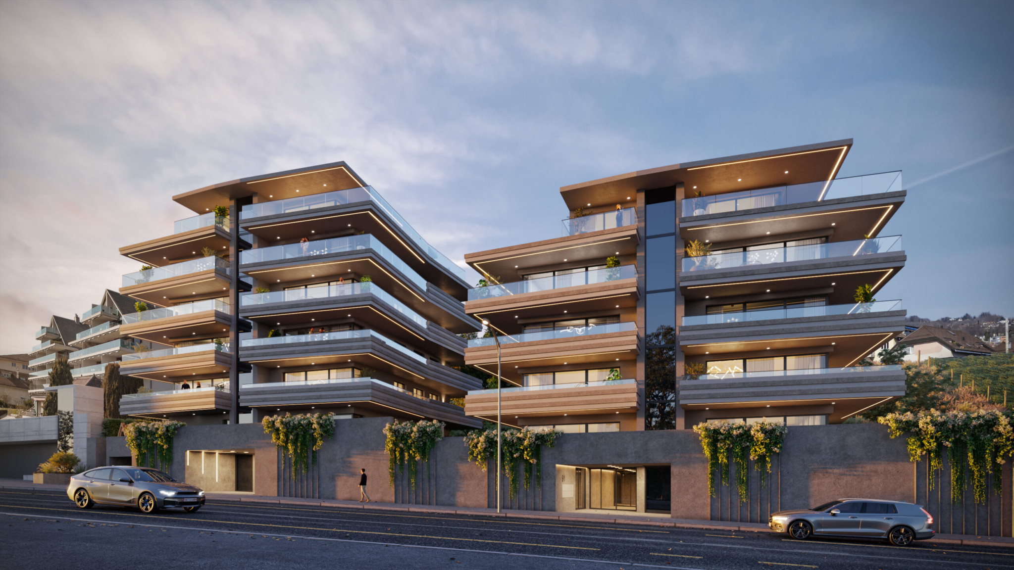 Immeuble résidentiel moderne avec balcons étagés, façade en bois et pierre, végétation grimpante, au crépuscule