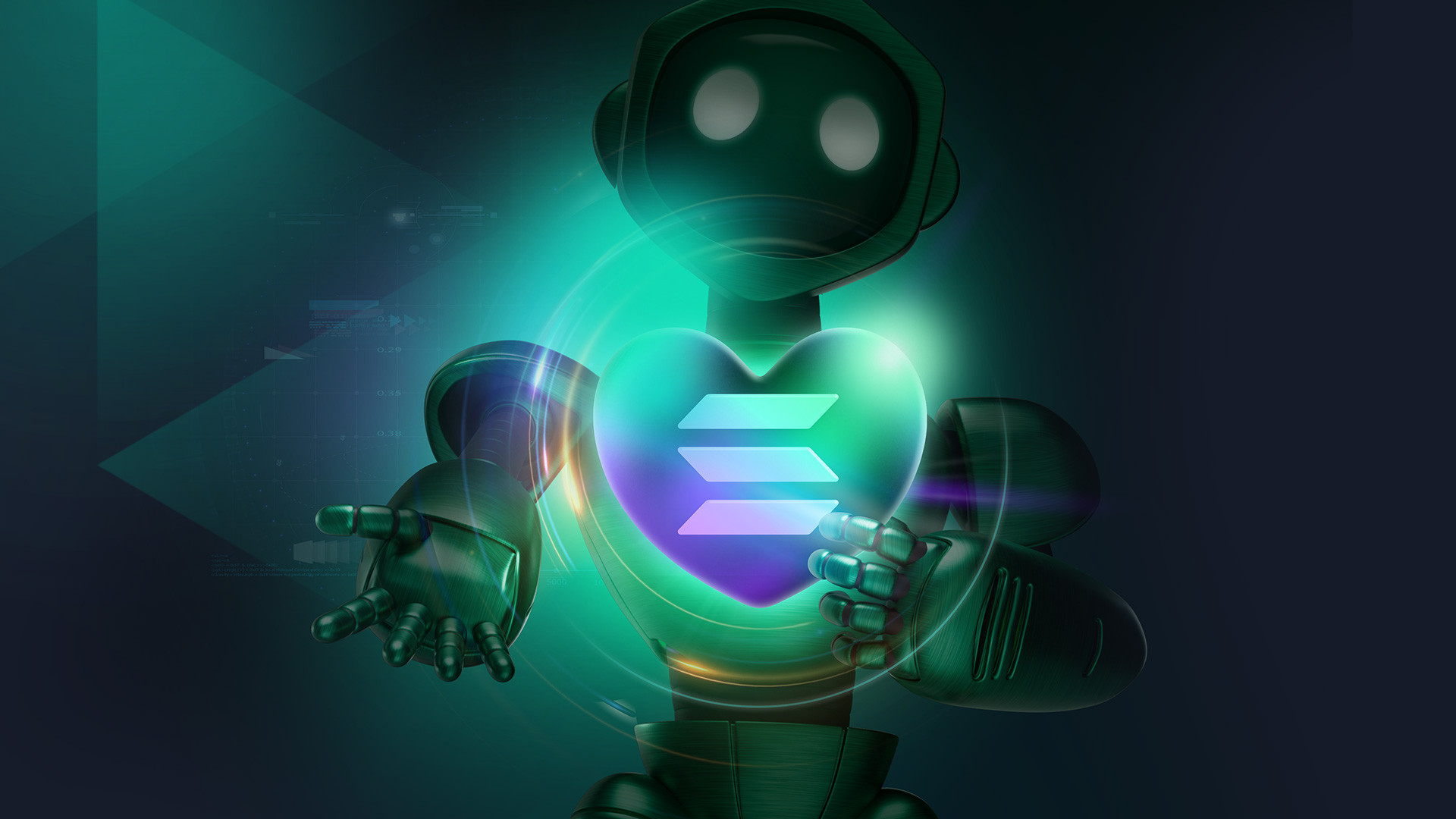 Robot lumineux tenant un symbole de crypto-monnaie Solana dans un cœur lumineux.