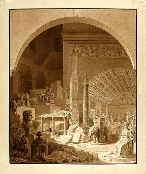 Dessin sépia d’un musée antique imaginaire avec obélisque, sculptures, artefacts classiques et personnages sous une arche majestueuse