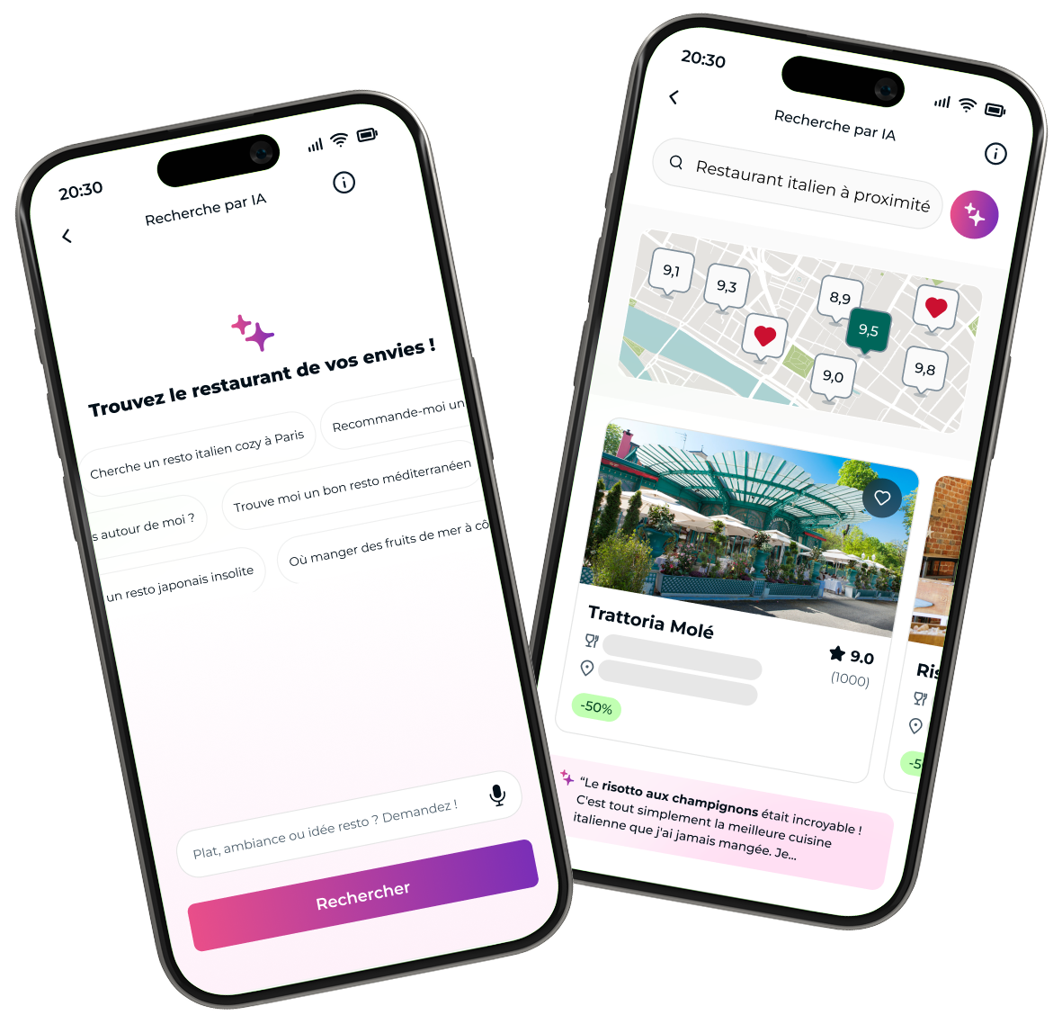 Deux smartphones affichant une application de recherche de restaurants par IA, avec résultats sur carte et fiche du restaurant Trattoria Molé noté 9.0