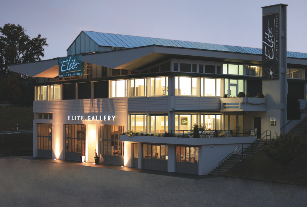 Bâtiment illuminé de l’Elite Gallery au crépuscule, architecture moderne avec grandes fenêtres lumineuses et enseigne néon bleue.